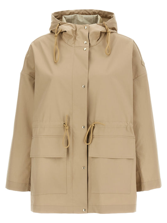 Hooded Parka by Moncler for women in polyester leather & cotton beige features a modern silhouette, showcasing a sophisticated hooded neckline and premium pockets & hooded for a truly modern finish.