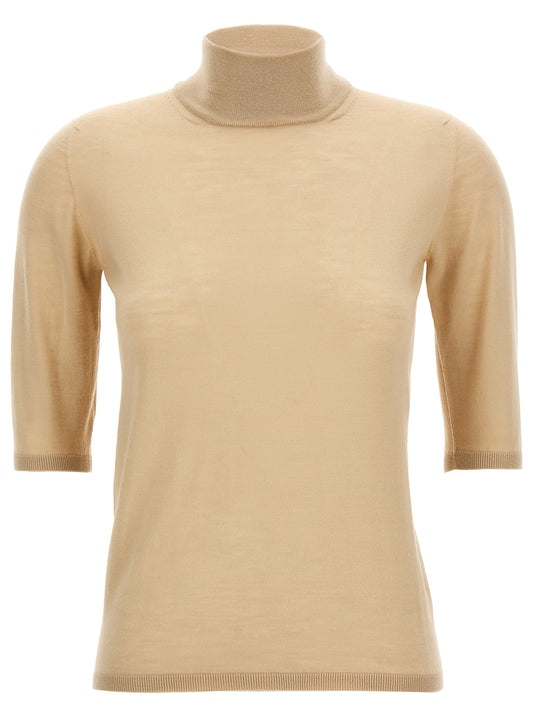 Cardigan by Max Mara for women in virgin wool beige features an impeccable silhouette, showcasing a sophisticated turtle high-neck neckline and three-quarter-sleeve detail for a truly impeccable finish.