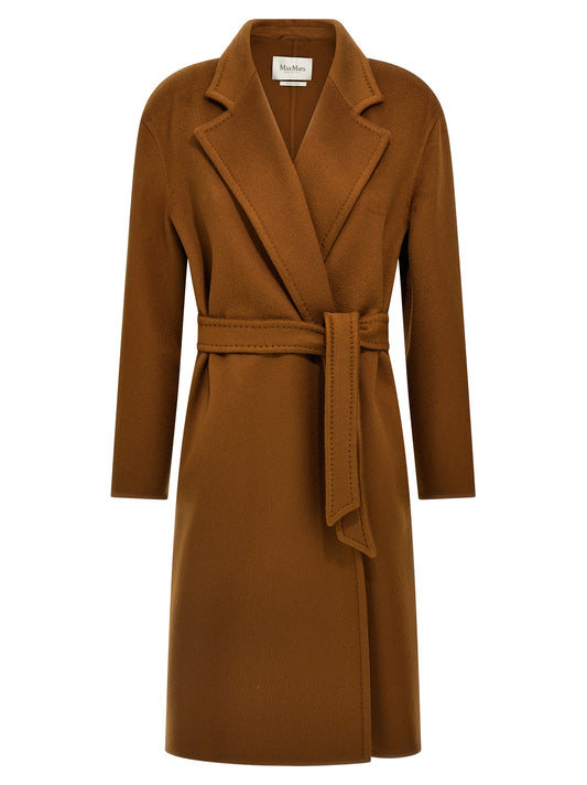 Overcoat by Max Mara for women in cashmere & goat leather brown features a cosy chic silhouette, artfully detailed with a sophisticated wrap neckline and premium pockets for a cosy chic finish.