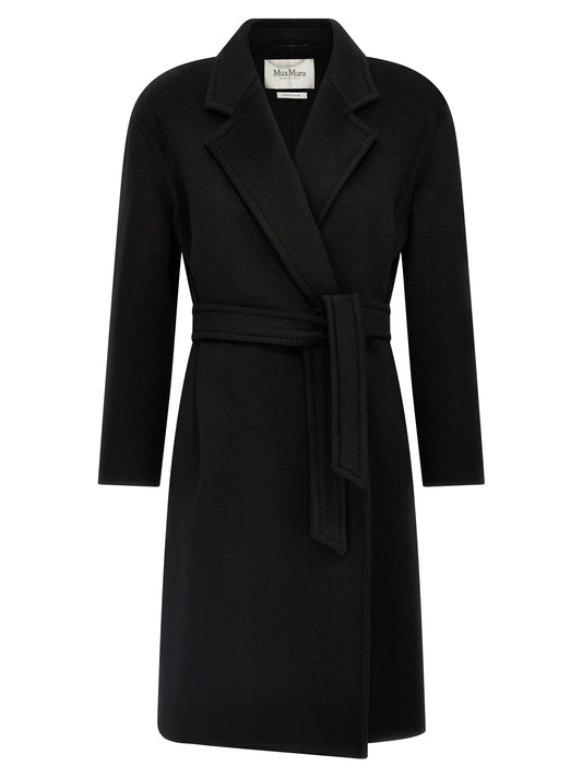 Overcoat by Max Mara for women in cashmere & goat leather black presents a luxurious silhouette, showcasing a luxurious and sophisticated pockets for a premium, luxurious look.