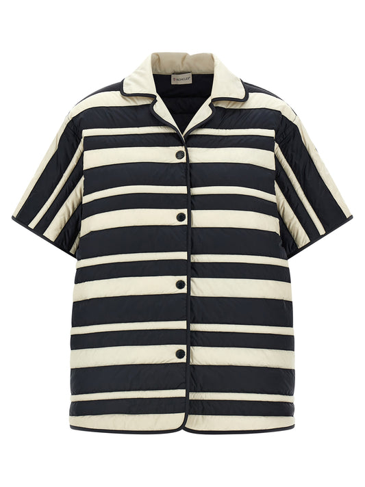 Blouse by Moncler for women in polyamide multicolor showcases a sleek silhouette, elegantly detailed with a sleek v-neck neckline and short-sleeve for a sleek finish.