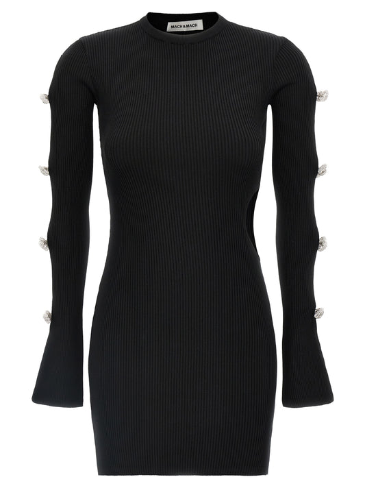 Dress by MACH & MACH for women in viscose polyester & rhinestone black features a dramatic silhouette, showcasing an elegant crew neckline and long-sleeve that flows into a dramatic short mini.