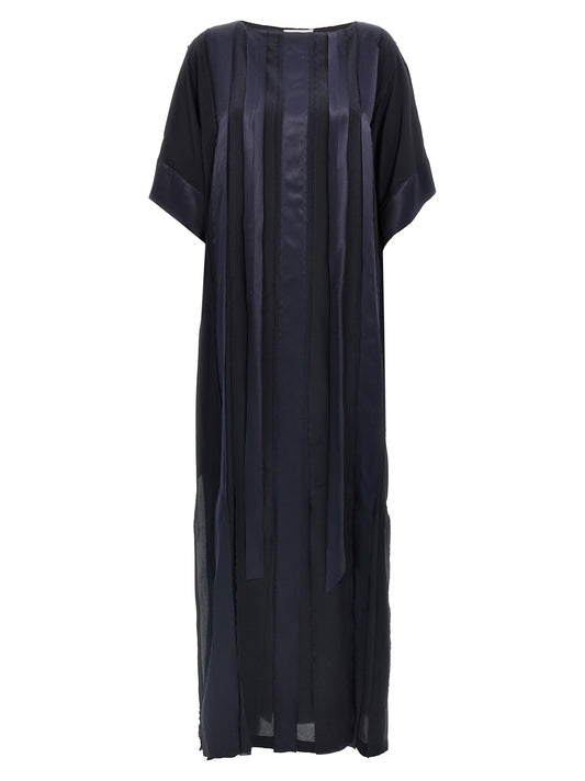 Dress by DI.LA3 PARI' for women in silk satin blue features an eye catching silhouette with a sophisticated crew neckline, elegant short-sleeve, and a refined short long for a eye catching aesthetic.