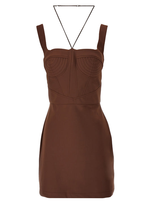 Dress by Nensi Dojaka for women in stretch polyamide brown features an cute silhouette, detailed with a and that elegantly flows into a cute short mini.