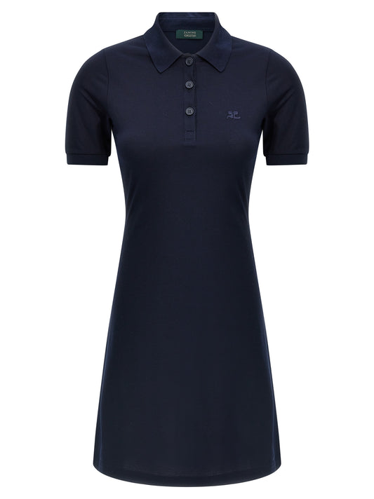 Dress by Courrèges for women in cotton blue features a dramatic silhouette, showcasing an elegant and short-sleeve that flows into a dramatic short mini.