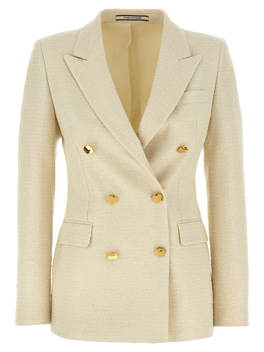 Blazer by Tagliatore for women in polyamide cotton & sequins beige presents a distinguished silhouette, detailed with a distinguished double-breasted neckline and distinctive for a truly sophisticated finish.