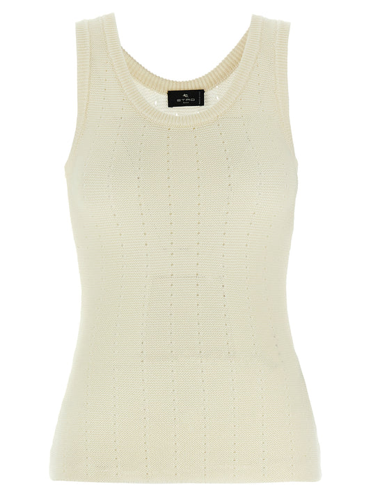 T-Shirt by Etro for women in polyamide & silk white & patterned showcases a chic silhouette, artfully detailed with a chic round neckline and sleeveless for a chic finish.