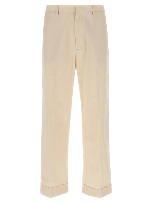 Trousers by Valentino Garavani for men in cotton beige & signature features a artisanal silhouette, showcasing a sophisticated straight-leg with a long and high rise for a artisanal finish.