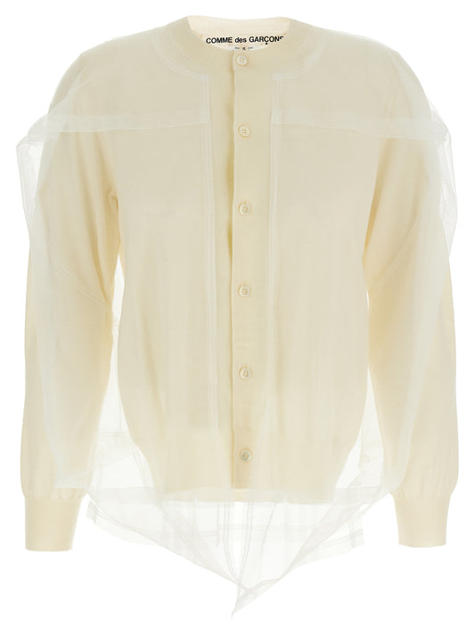 Cardigan by Comme Des Garçons for women in wool white features a nuanced silhouette with a refined crew neckline and nuanced long-sleeve detailing for a sophisticated look.
