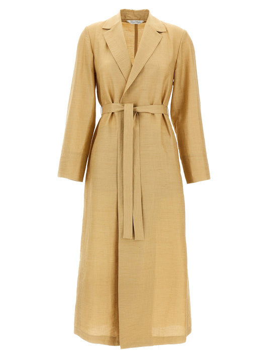 Overcoat by Max Mara for women in polyamide linen silk & cotton beige & signature features a contemporary silhouette showcasing a contemporary split neckline and refined for a sophisticated finish.