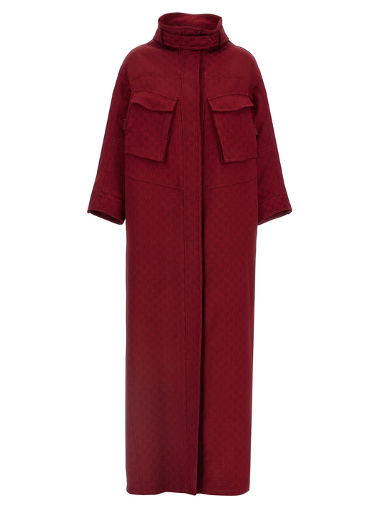 Overcoat by Gucci for women in viscose multicolor, red & signature features an satoral silhouette, showcasing a sophisticated high-neck neckline and satoral for a premium, timeless look.