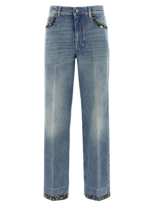 Jeans by Valentino Garavani for women in cotton denim blue & floral presents a refined pantology silhouette, artfully defined by a refined pantology , long, and a sophisticated .