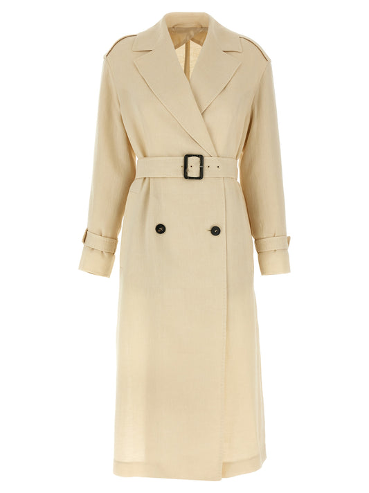 Trench Coat by Max Mara for women in linen flax beige presents an sculptural silhouette, artfully detailed with a sculptural lapel neckline and functional for a truly sculptural finish.