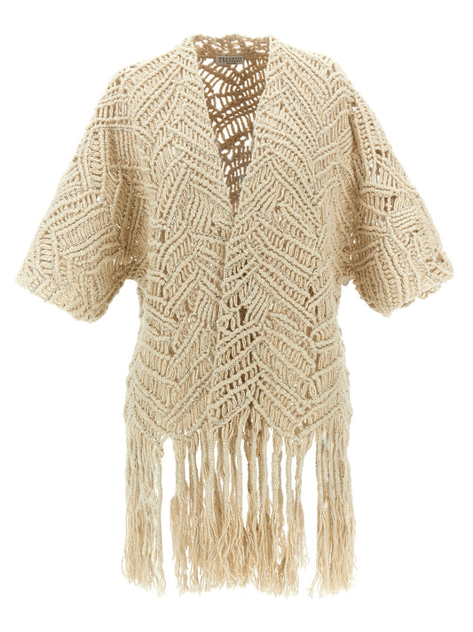 Cardigan by Brunello Cucinelli for women in linen silk & sequins beige & print features an impeccable silhouette, showcasing a sophisticated and short-sleeve detail for a truly impeccable finish.
