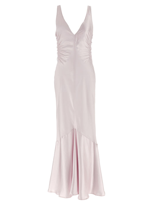 Dress by Sportmax for women in polyester satin multicolor & pink features an sultry silhouette defined by a v-neck neckline and sleeveless, falling to an sultry long for a sultry look.