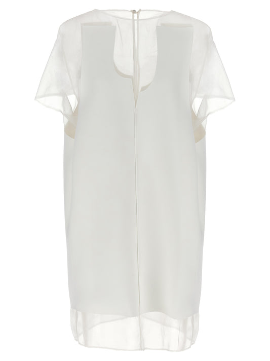 Dress by Khaite for women in polyester transparent & white features an magnificent silhouette, artfully detailed with a magnificent crew neckline and short-sleeve that flows into an magnificent short mini.