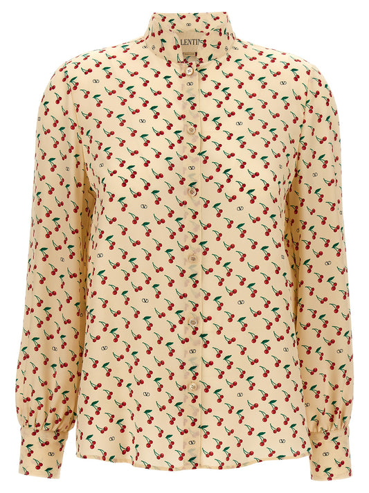 Blouse by Valentino Garavani for women in silk crepe beige, pearl & print showcases a sublime silhouette, artfully detailed with a sublime mandarin neckline and for a sophisticated, sublime finish.