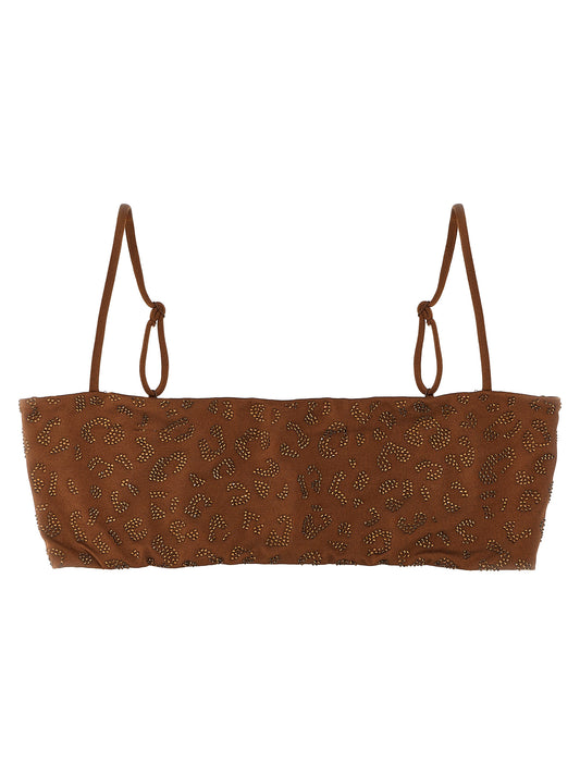 Swimwear Top by MC2 Saint Barth for women in polyester & rhinestones animal, brown & print features a resort ready silhouette, elegantly capturing the resort ready essence of the Athena Waves Women's Polyester & Rhinestones Swimwear Top design.