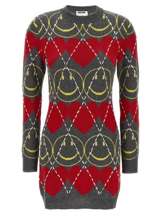Dress by Moschino for women in polyamide leather viscose & cashmere multicolor & patterned features a dramatic silhouette, showcasing an elegant crew neckline and that flows into a dramatic short mini.