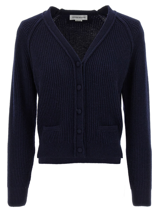 Cardigan by Victoria Beckham for women in cashmere blue features a nuanced silhouette with a refined v-neck neckline and nuanced detailing for a sophisticated look.