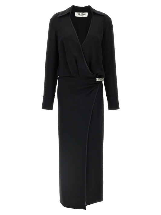 Dress by The Attico for women in marabou acrylic viscose satin black presents a sinuous silhouette, showcasing a sophisticated v-neck neckline and detailed with a sinuous midi for a refined finish.