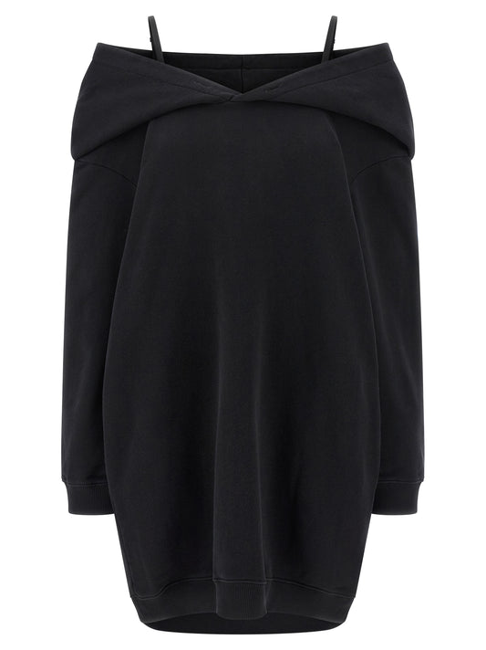Hooded Dress by MM6 Maison Margiela for women in cotton black, white & signature showcases a striking silhouette, elegantly detailed with a long-sleeve, refined hooded neckline, and a striking short mini for a striking finish.