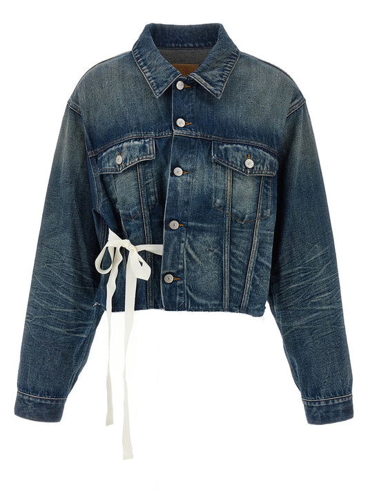 Trucker Jacket by MM6 Maison Margiela for women in denim cotton blue features an on trend silhouette, showcasing refined pockets and a sophisticated asymmetric shirt-collar neckline for a truly on trend finish.