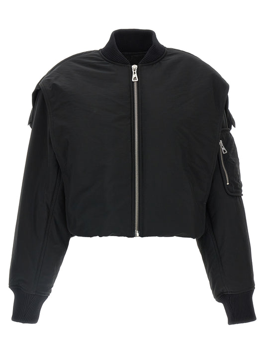 Hooded Bomber Jacket by Jean Paul Gaultier for women in polyester polyurethane polyethylene black features a dramatic silhouette, showcasing a sophisticated hooded neckline and distinctive pockets, hooded & insulated for a dramatic aesthetic.