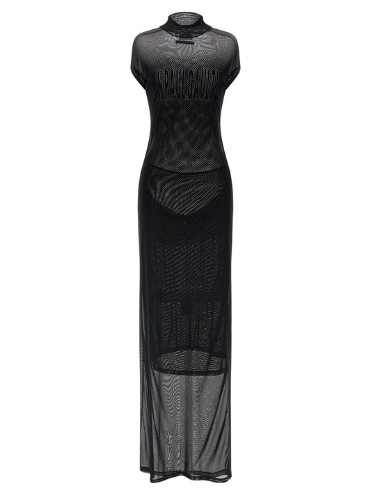 Dress by Jean Paul Gaultier for women in polyamide black, transparent & patterned showcases a striking silhouette, elegantly detailed with a sleeveless, refined , and a striking long for a striking finish.