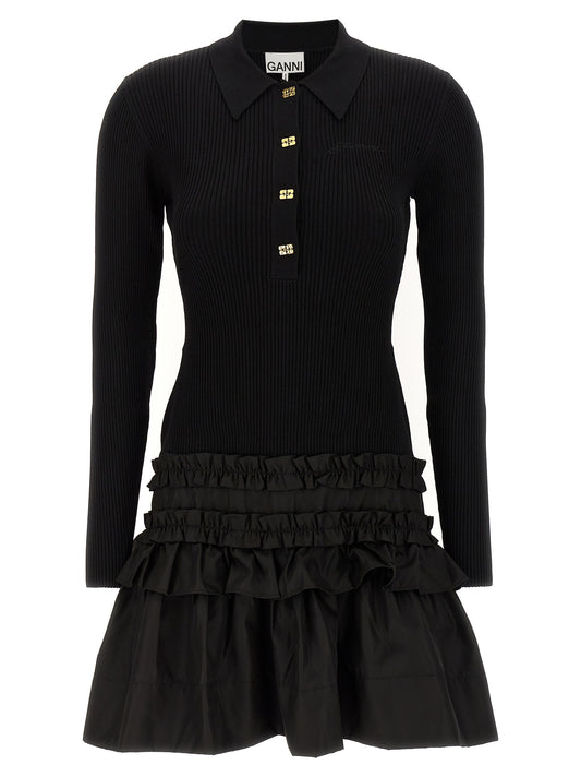 Dress by Ganni for women in stretch nylon viscose black features an cute silhouette, detailed with a and that elegantly flows into a cute short mini.
