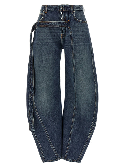 Jeans by Jean Paul Gaultier for women in denim cotton light-blue features an sartorial wide and long with a cut for a sartorial finish.