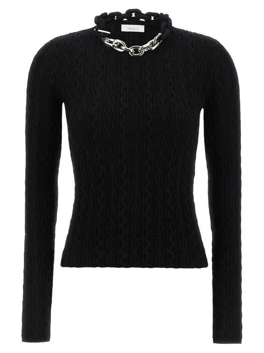 Cardigan by Paco Rabanne for women in cashmere wool black showcases a luxurious silhouette, meticulously detailed with a sophisticated crew neckline and long-sleeve for a refined finish.