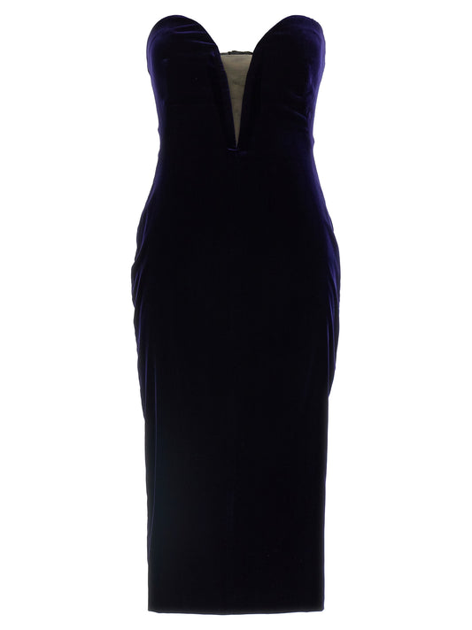 Dress by Tom Ford for women in viscose cupro velvet blue showcases a striking silhouette, elegantly detailed with a , refined split sweetheart neckline, and a striking midi for a striking finish.