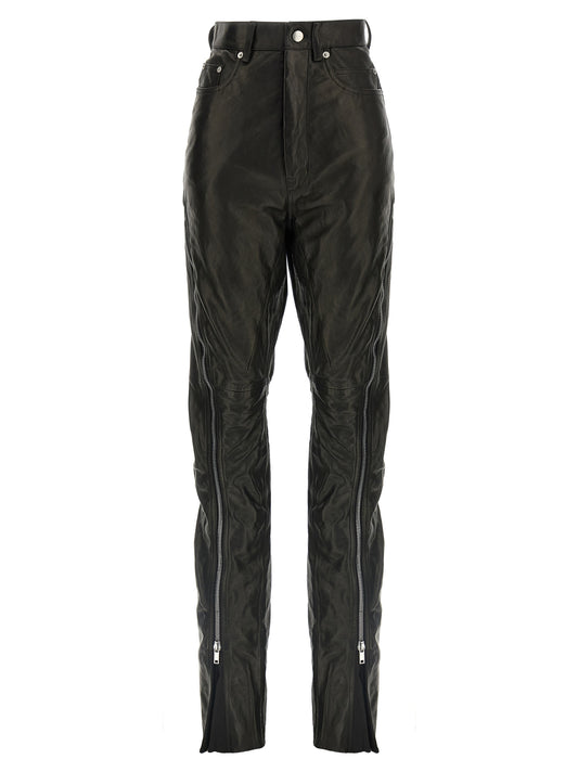Pants by Rick Owens for women in leather black features an understated silhouette, showcasing a sophisticated and long with a refined high rise for an understated, polished aesthetic.