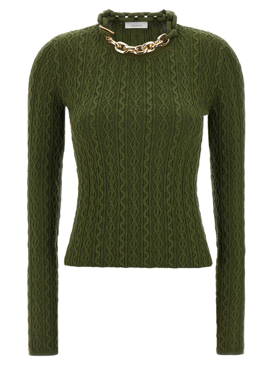 Cardigan by Paco Rabanne for women in cashmere wool bicolour, green & signature features an impeccable silhouette, showcasing a sophisticated and long-sleeve detail for a truly impeccable finish.