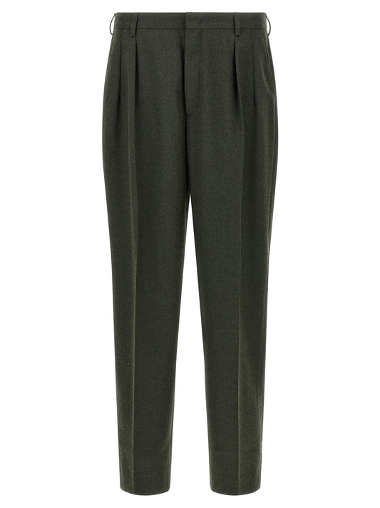Trousers by CELLAR DOOR for men in polyester & viscose bicolour & green features an sartorial silhouette, showcasing a precise straight-leg and long with a sartorial for a refined look.