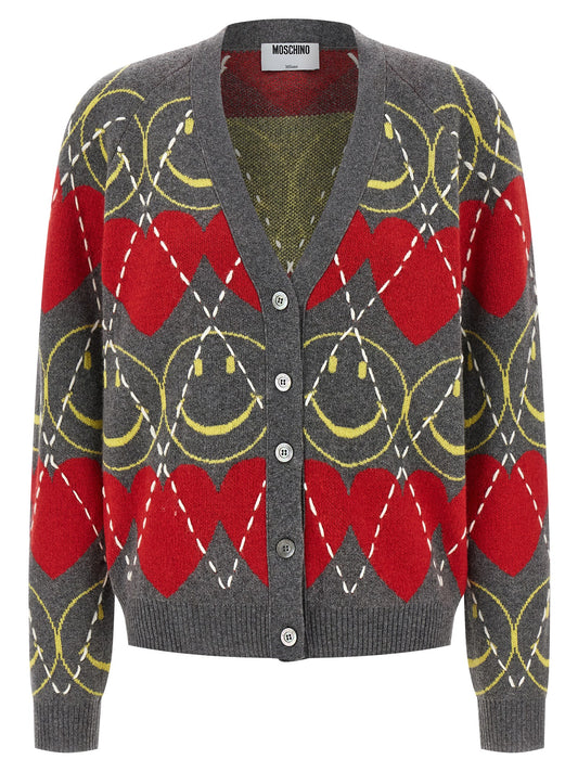 Cardigan by Moschino for women in polyamide leather viscose & cashmere multicolor features an impeccable silhouette, showcasing a sophisticated v-neck neckline and detail for a truly impeccable finish.