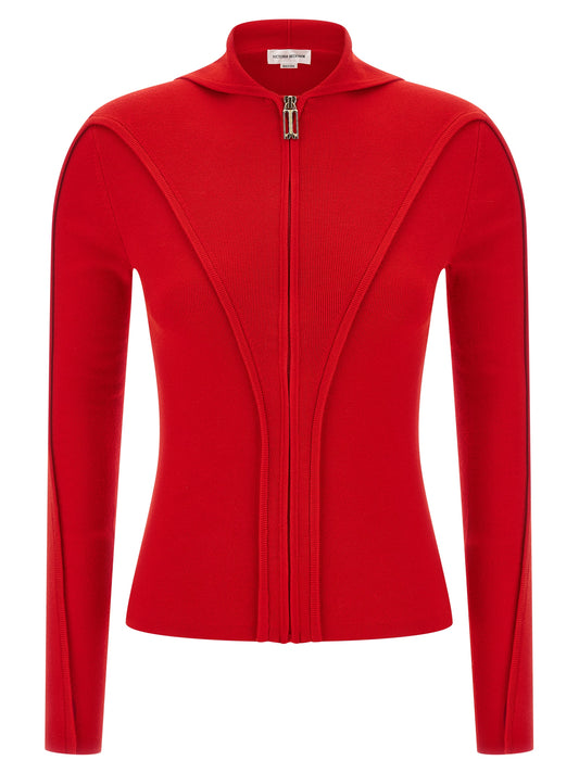 Hooded Cardigan by Victoria Beckham for women in nylon & wool multicolor & red features a dramatic silhouette, showcasing a sophisticated hooded neckline and dramatic long-sleeve detail for a timeless, premium look.