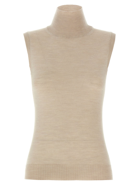 Cardigan by Sportmax for women in virgin wool beige features a nuanced silhouette with a refined high-neck neckline and nuanced sleeveless detailing for a sophisticated look.