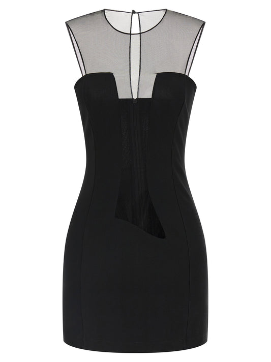 Dress by Nensi Dojaka for women in stretch viscose polyester black features an sultry silhouette defined by a asymmetric neckline and sleeveless, falling to an sultry short for a sultry look.