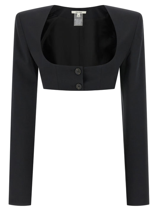 Bolero Jacket by Nensi Dojaka for women in polyester & virgin wool black presents a distinguished silhouette, detailed with a distinguished square neckline and distinctive insulated for a truly sophisticated finish.