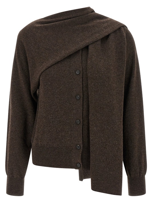 Cardigan by Ferragamo for women in cashmere brown presents a textural silhouette, artfully finished with a textural crew neckline and for a sophisticated, textural look.