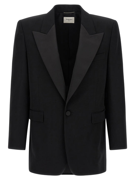 Blazer by Saint Laurent for men in wool silk satin black features an stylish silhouette, showcasing a sophisticated and stylish for a truly stylish finish.