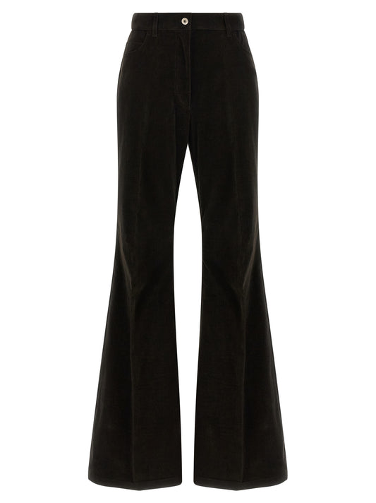 Trousers by Ferragamo for women in stretch cotton velvet brown & striped features a tailored silhouette with a tailored flared, defined by its long and a sophisticated high rise.