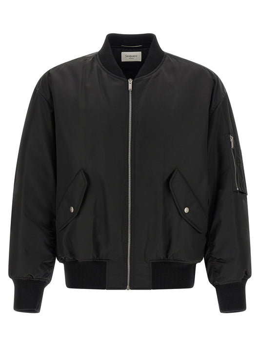 Bomber Jacket by Saint Laurent for men in nylon viscose & cotton black features a dramatic silhouette, showcasing a sophisticated and distinctive pockets for a dramatic aesthetic.