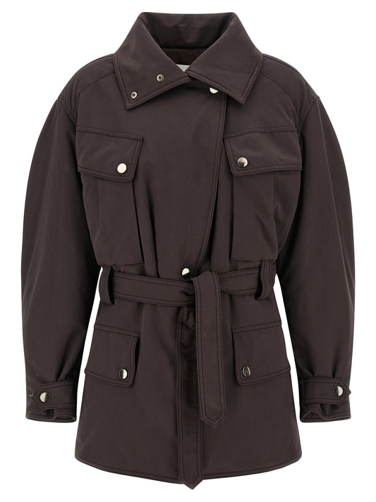 Parka by The Andamane for women in polyamide polyester suede leather brown presents a decadent silhouette, showcasing the decadent and functional pockets for a premium, weather-ready look.