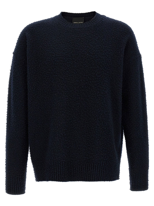 Cardigan by Roberto Collina for men in merino wool blue features a dramatic silhouette, showcasing a sophisticated crew neckline and dramatic long-sleeve detail for a timeless, premium look.