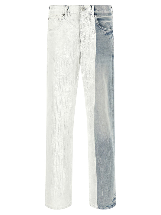 Jeans by PURPLE for men in denim cotton light-blue, purple & silver presents a refined pantology silhouette, artfully defined by a refined pantology straight-leg, long, and a sophisticated mid rise.