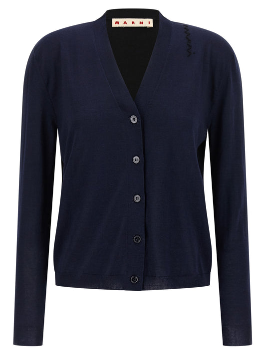 Cardigan by Marni for women in virgin wool & silk multicolor features a dramatic silhouette, showcasing a sophisticated v-neck neckline and dramatic detail for a timeless, premium look.