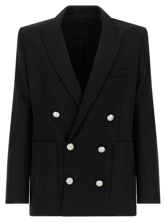 Blazer by Balmain for men in virgin wool black & monogram showcases a polished silhouette, highlighted by a refined and polished for a sophisticated finish.